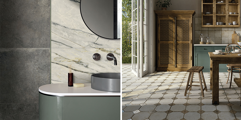 (Left) Calacatta emerald polished porcelain wall tiles, (Right) Porto vintage brown patterned floor tiles